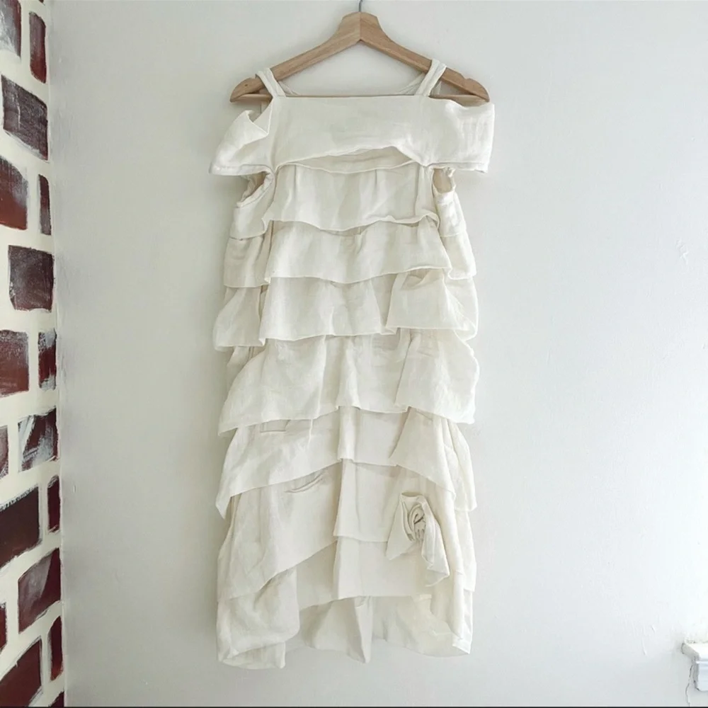 Marc Jacobs Bergdorf Goodman Tired White Linen Ruffle Trim Dress Size 6 - Picture 2 of 11